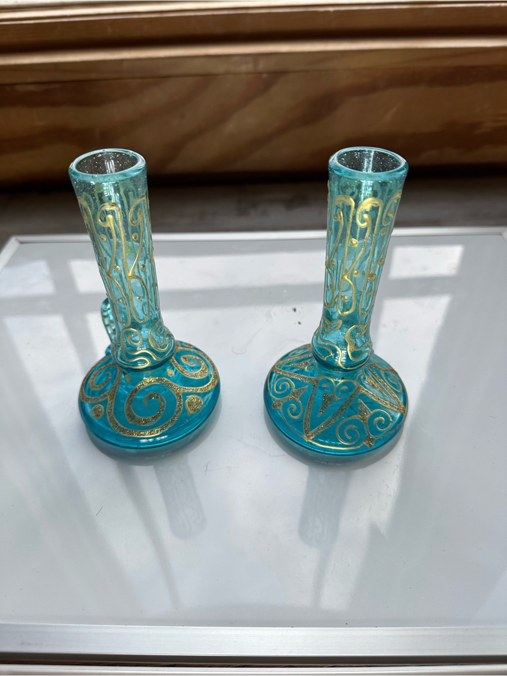Turquoise Glass Bud Vases with Gold Swirl Accents - Pair